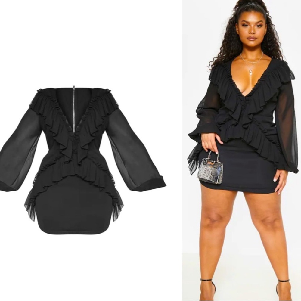 Elegant Black Ruffled Women's Dress